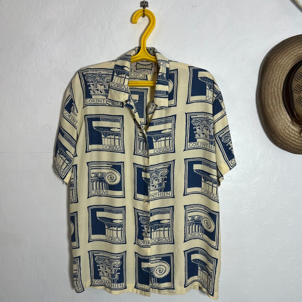 Vintage 90s Hype Rayon Greek Column Architectural Graphic Button Up - Size M